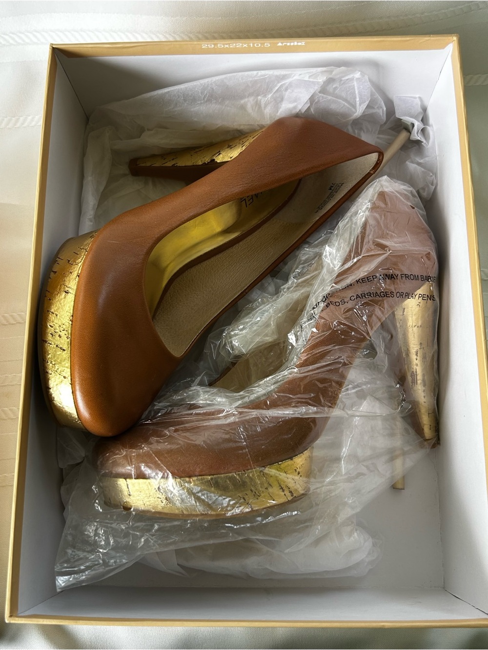Michael Kors Womens 7 Brown Nappa Leather High Heel Pumps Gold Accents In Box